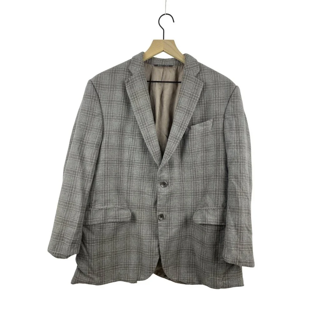 Loro Piana Saks Fifth Mens 44R Cashmere Silk Plaid Neutral Blazer Sport Coat